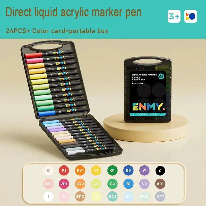 ENMY direct liquid acrylic marker pen set, 24 colors in a portable case, soft-head markers for felt