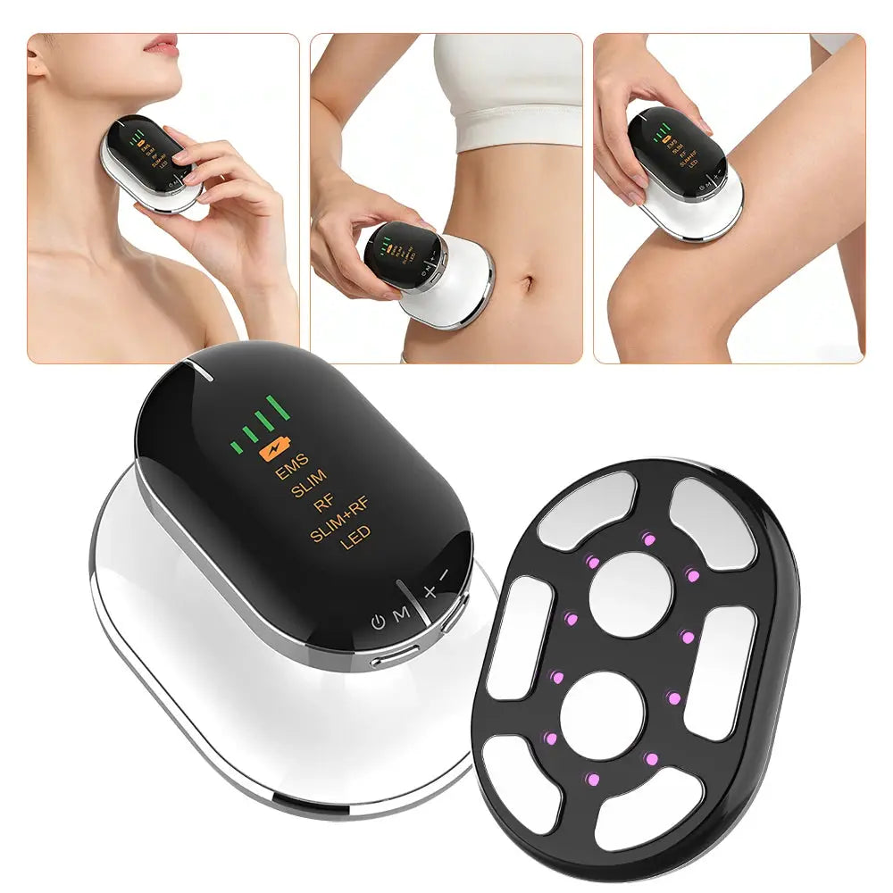 Body slimming massager by Simples Market; cordless handheld device with LED display and silver base, 4 modes.