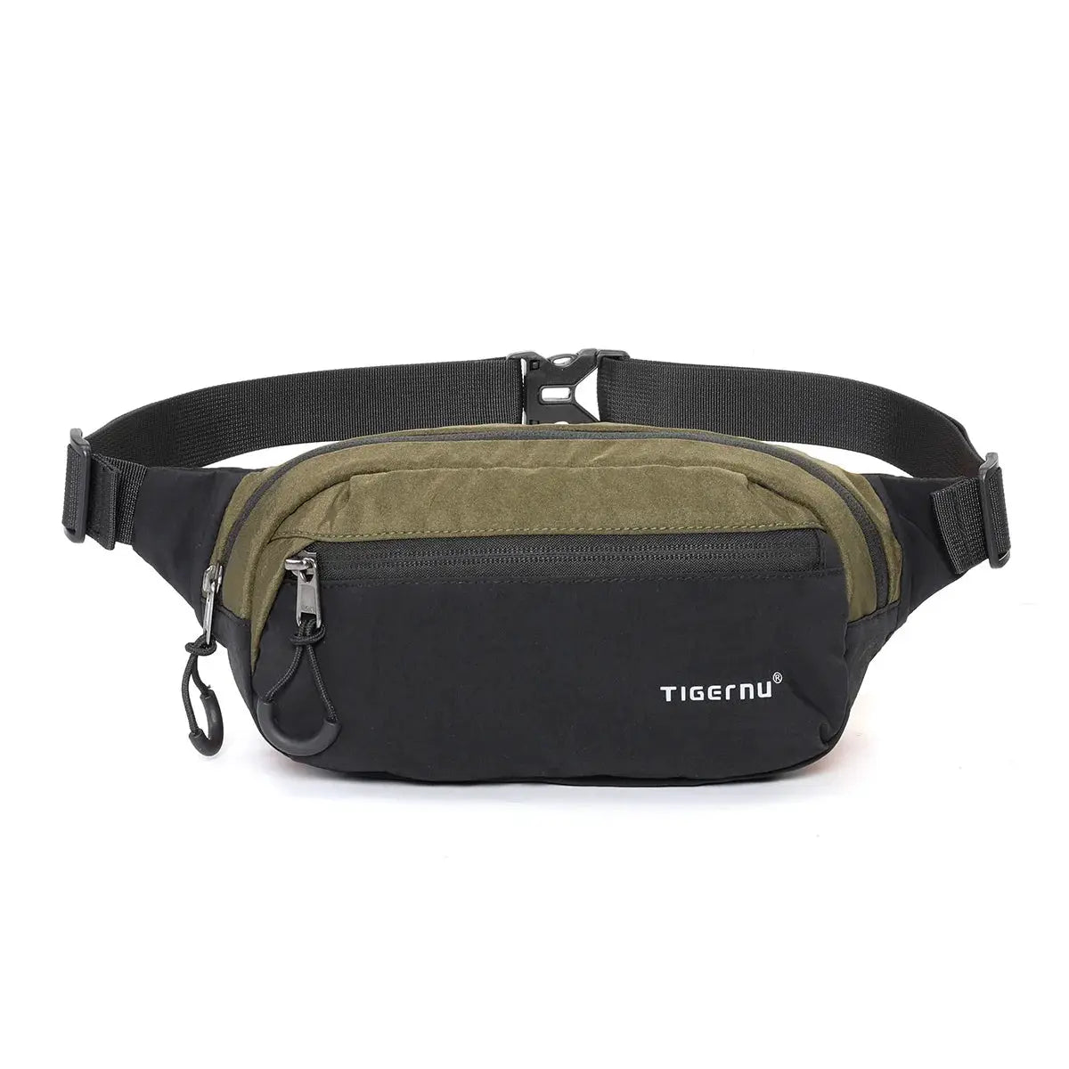 Tigernu waist pack fanny bag, black with olive-green panels, adjustable belt strap