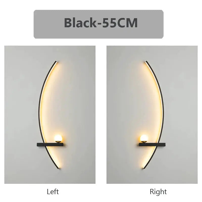 LED wall lamp pair in black with curved arc design and warm glow for modern living spaces.