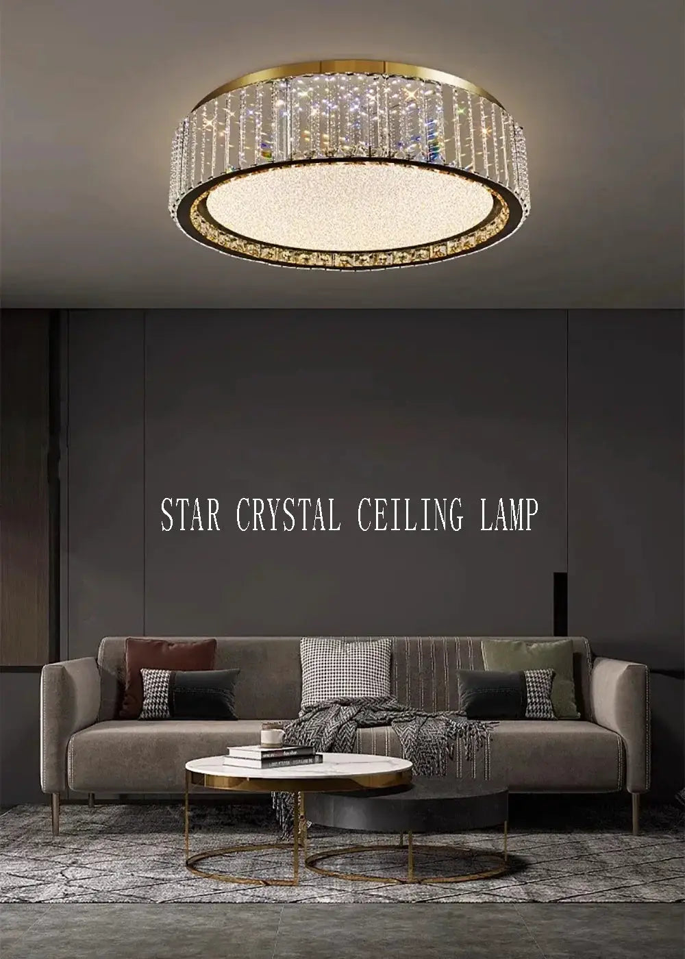 Light Luxury Crystal Ceiling Lamp Simples Market; gold ring frame with crystal strands for living room.