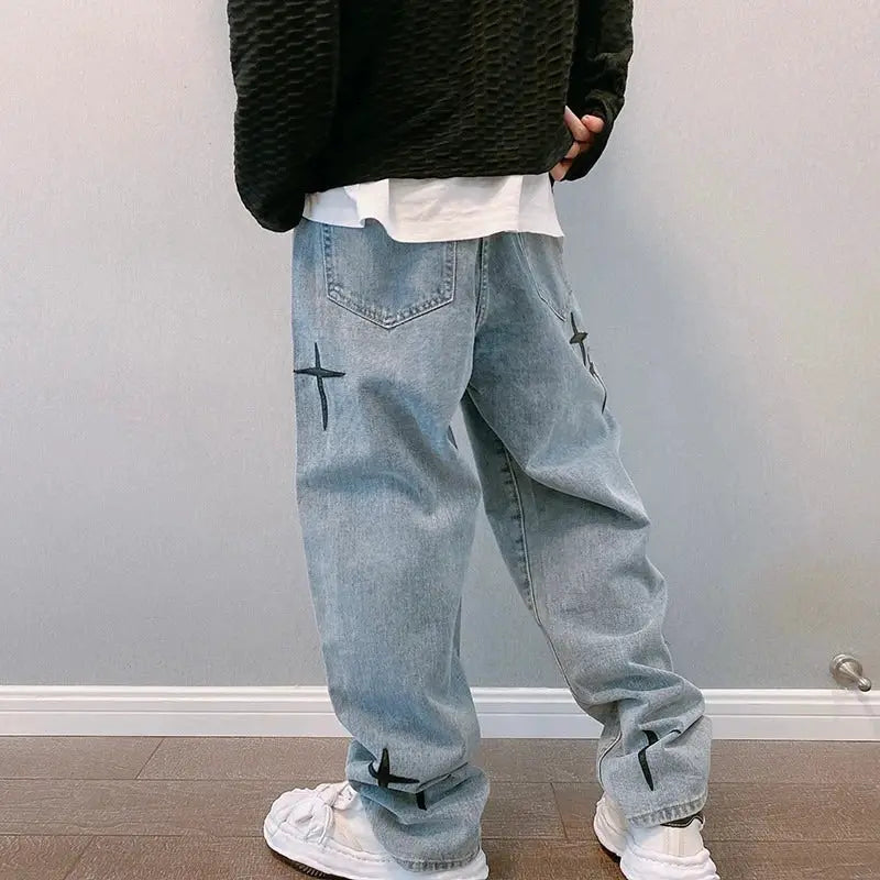 Men Baggy Wide Leg Denim Jeans Cargo Pants 2023 Korean Fashion