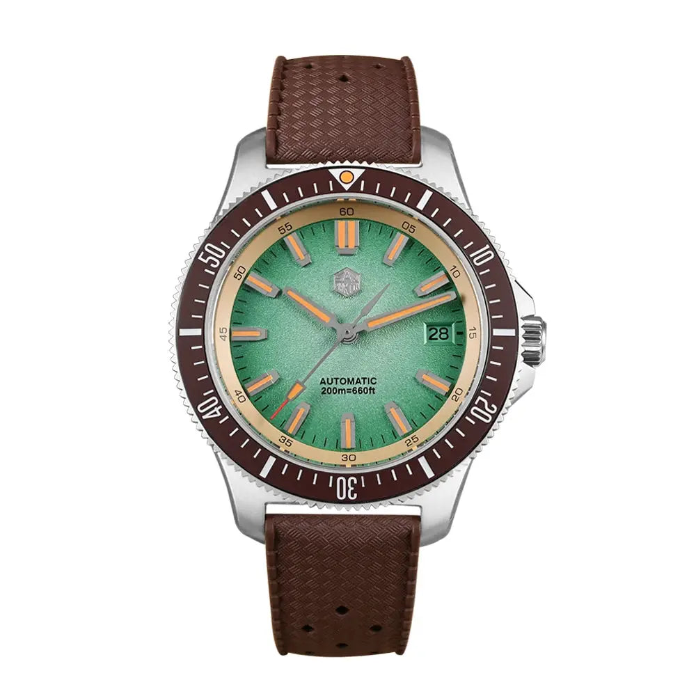 San Martin 40mm dive watch for men, NH35 automatic, green dial, brown strap, 200m water resistant.