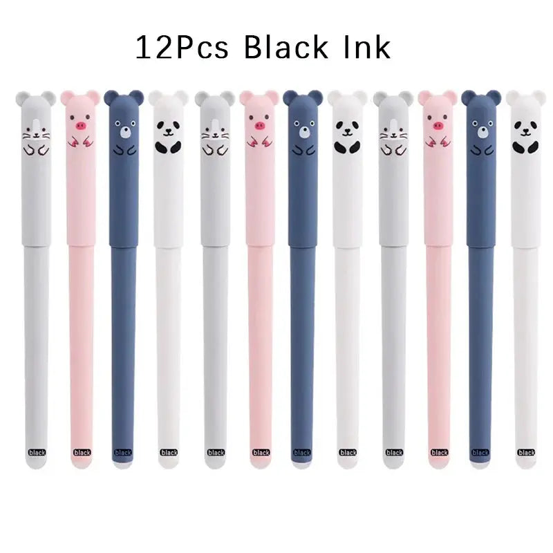 Panda erasable gel pen set, 12pcs by Simples Market, pastel white/pink/blue handles, 0.5mm