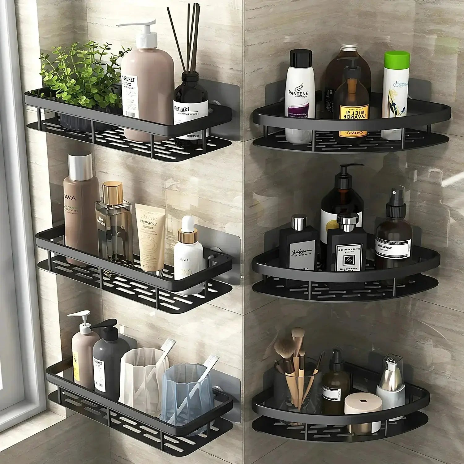 Simples Market bathroom shelf set, aluminum alloy, six no-drill corner shower shelves on a tiled wall with bottles