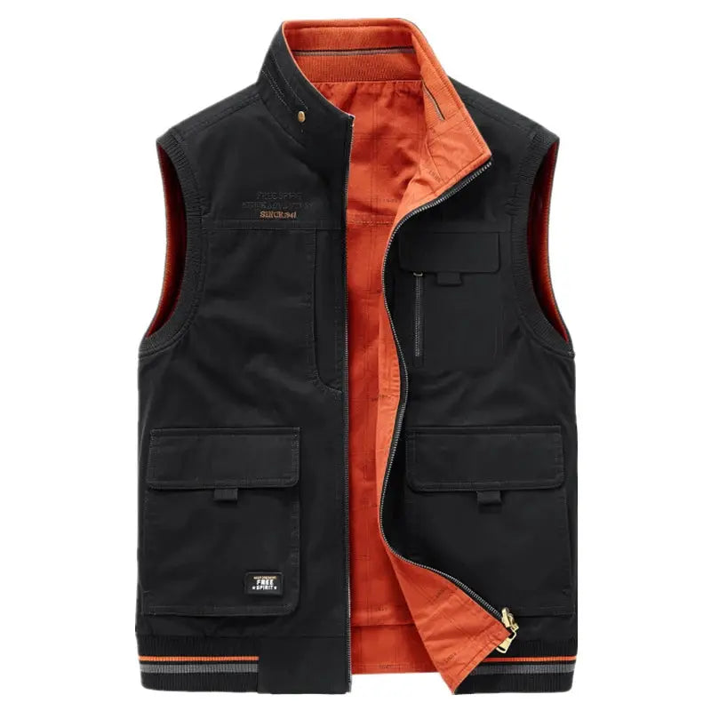 Men's cotton fishing vest, black with orange lining, sleeveless with multiple pockets and zip front.