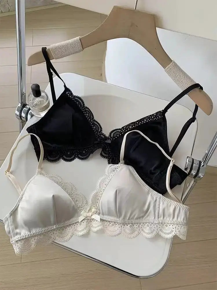 Two SP&CITY Korean Style Triangle Cup Bow Lace Bras, black and ivory satin with scalloped lace trim, Simples Market