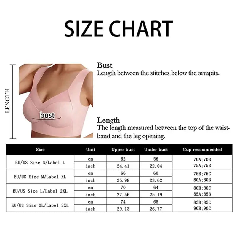 Pink seamless lace bralette size chart with bust and length measurements and size table