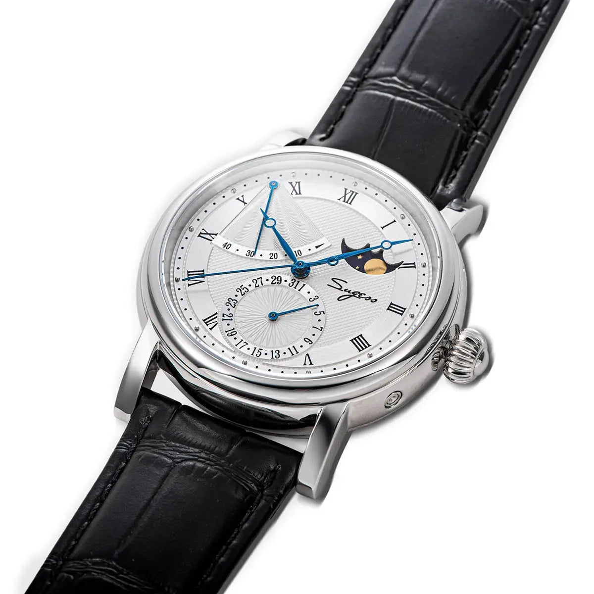 Sugess moonphase men's watch with blue hands, silver dial, Roman numerals, moon phase window, black leather strap.
