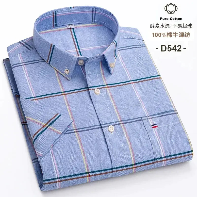 Simples Market men's 100% cotton blue plaid oxford short-sleeve shirt