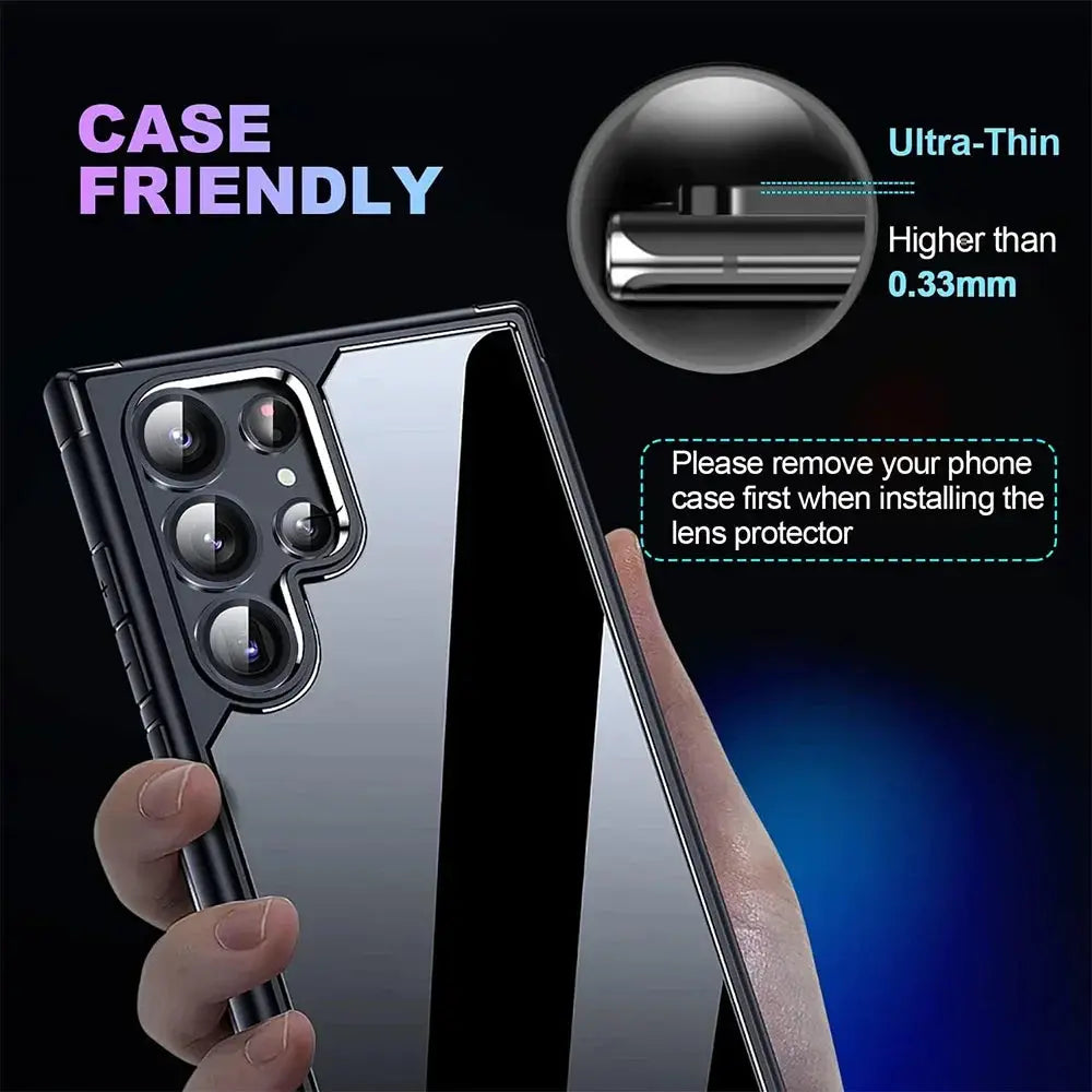 Camera lens ring glass case for Samsung Galaxy phones with metal ring around the rear camera module