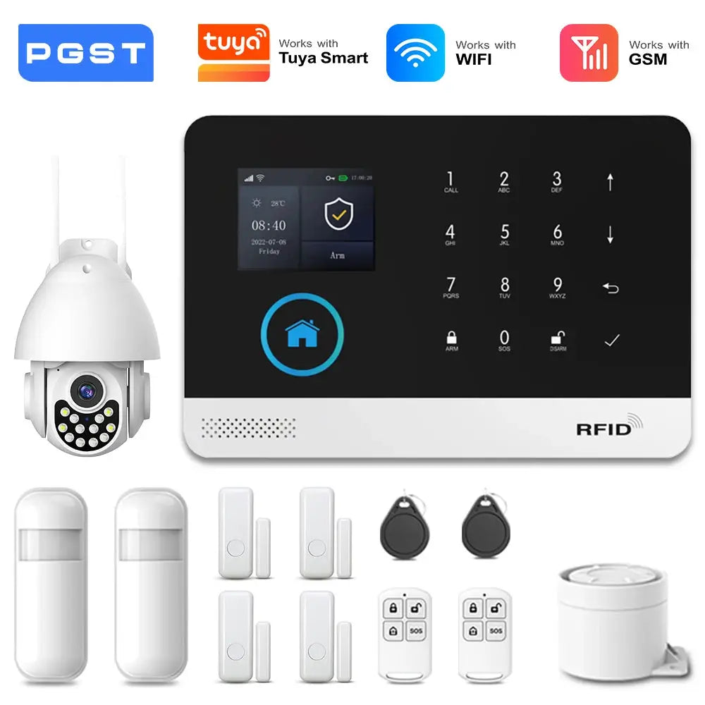 PGST wireless alarm kit by Simples Market with 4G/2G WiFi GSM, PIR camera, touchscreen panel, door sensors and fobs