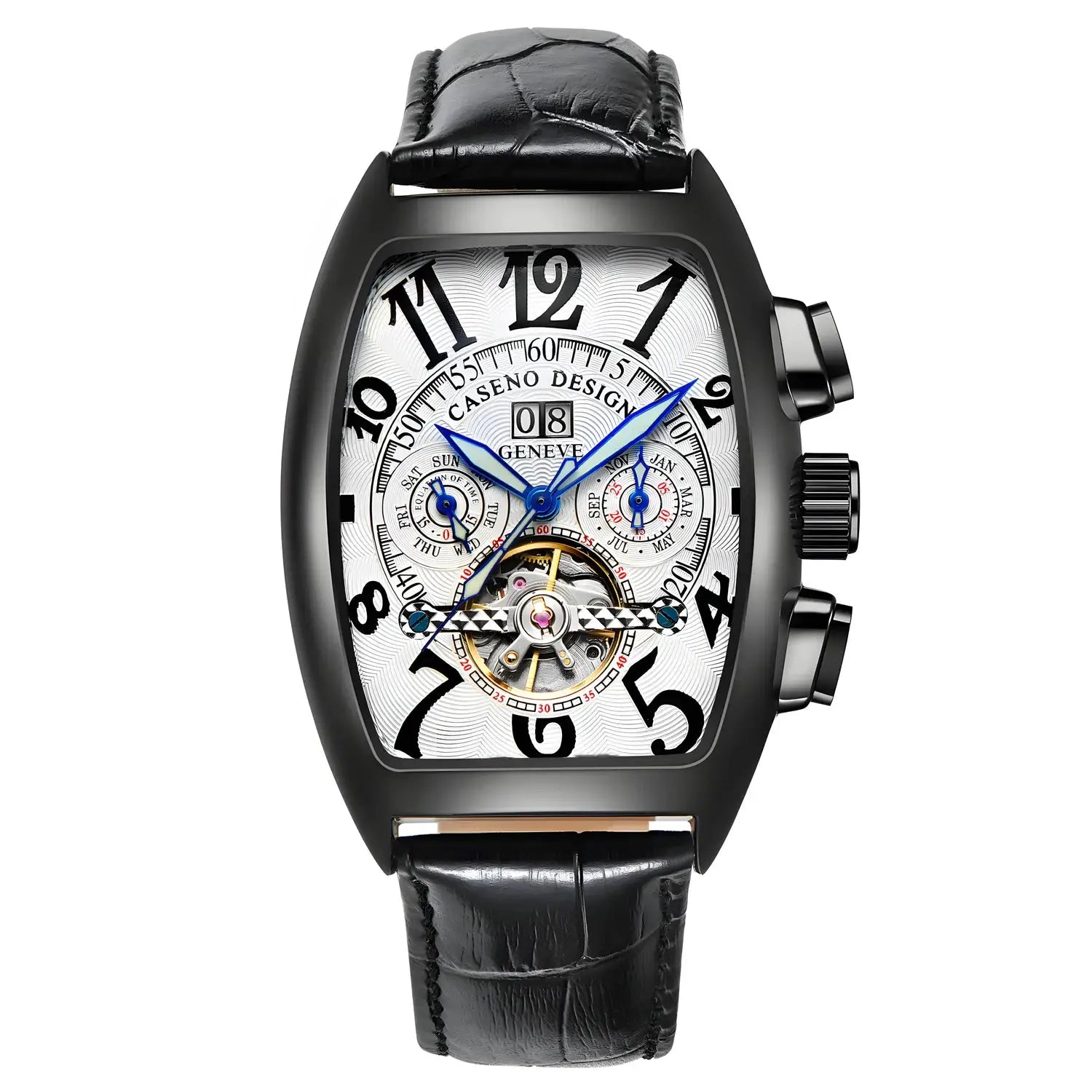 Caseno luxury men's automatic skeleton tourbillon watch with blue hands, date, black tonneau case, leather strap