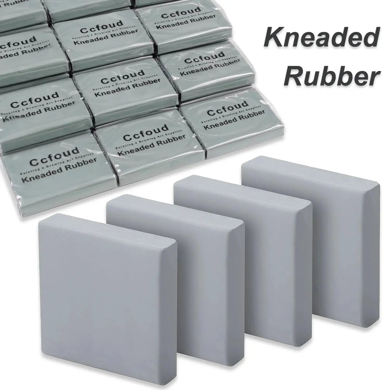 Kneaded rubber erasers by Ccfoud in grey for shading and blending; multiple eraser blocks shown.
