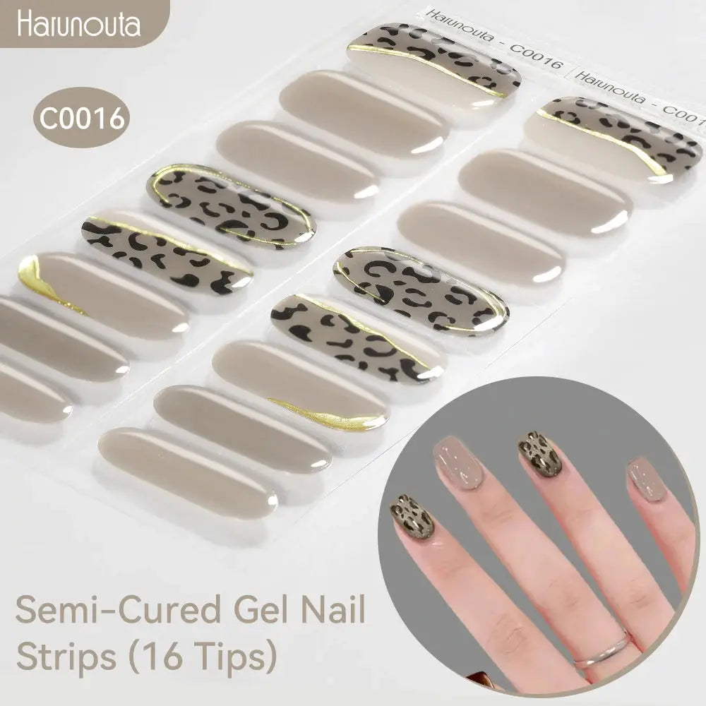 Semi-cured gel nail strips with gradient aurora finish, leopard print and gold trim, 16 tips by Haunouta