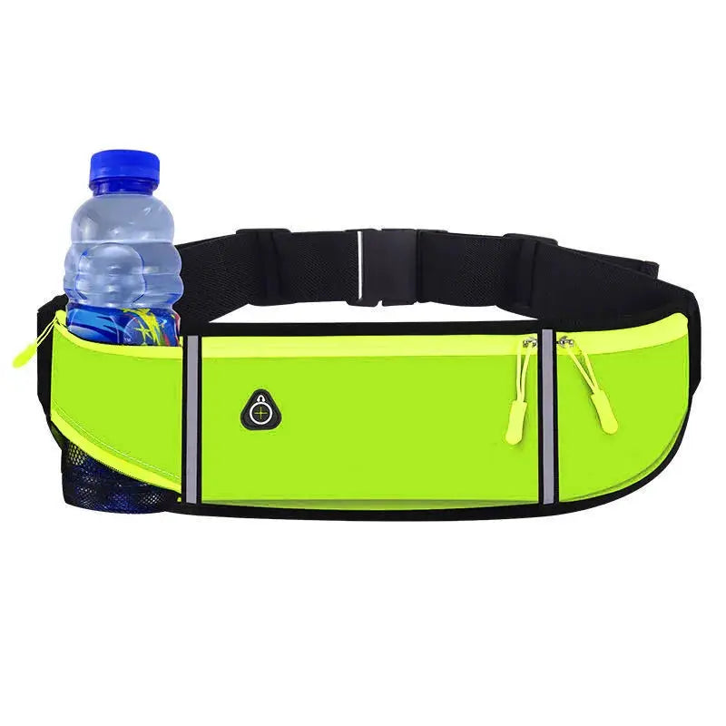 Outdoor running waist bag by Simples Market in neon yellow with water bottle holder and three waterproof pockets