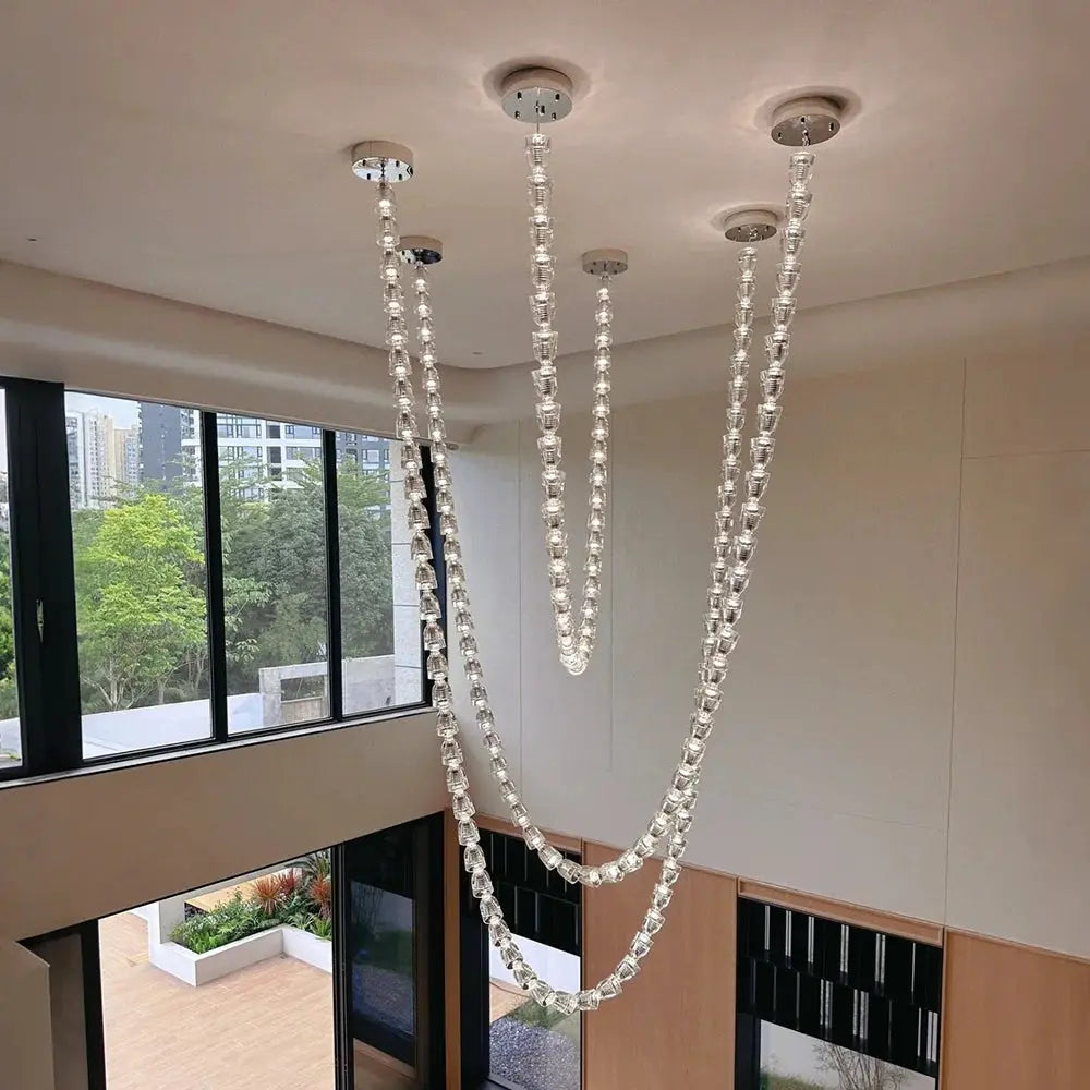 Necklace chandelier ceiling light with multi‑strand crystal acrylic bead chains, adjustable length for living room