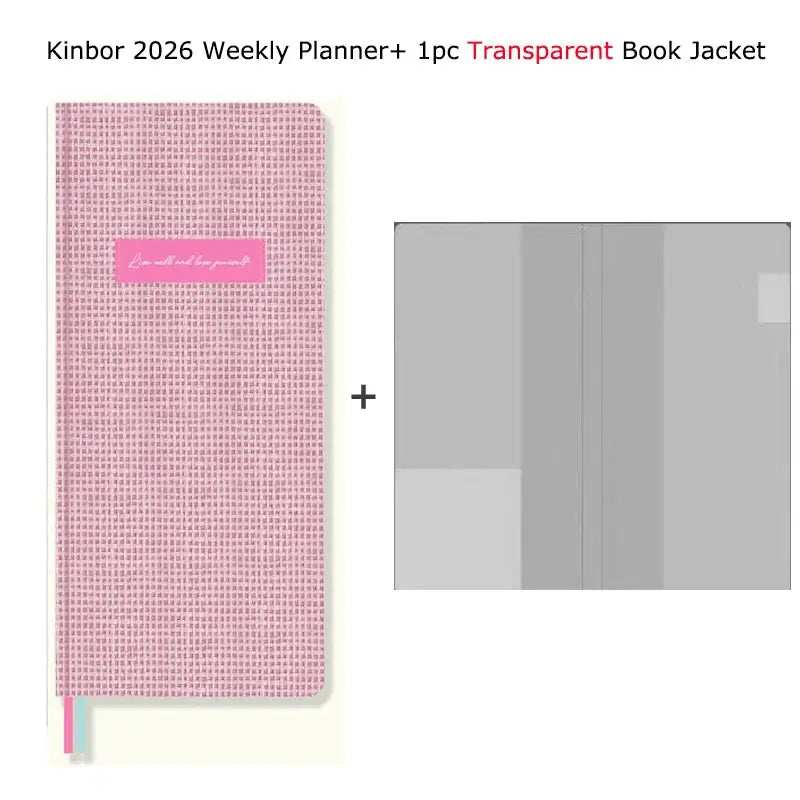 Kinbor 2026 weekly planner pocket notebook with pink checkered cover and transparent jacket (2-piece set)