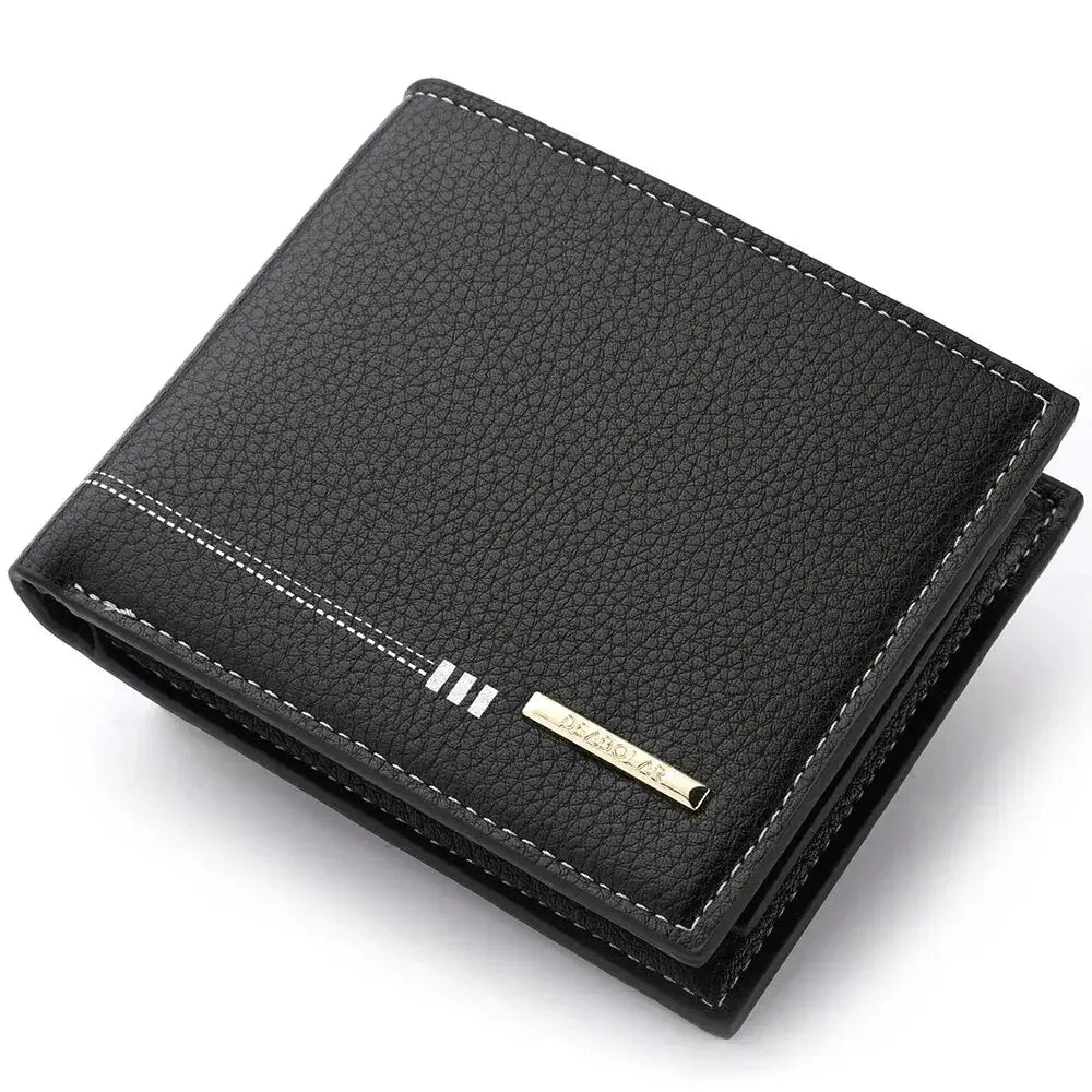 Men's black lychee-textured leather wallet by Simples Market with white stitching and gold plate