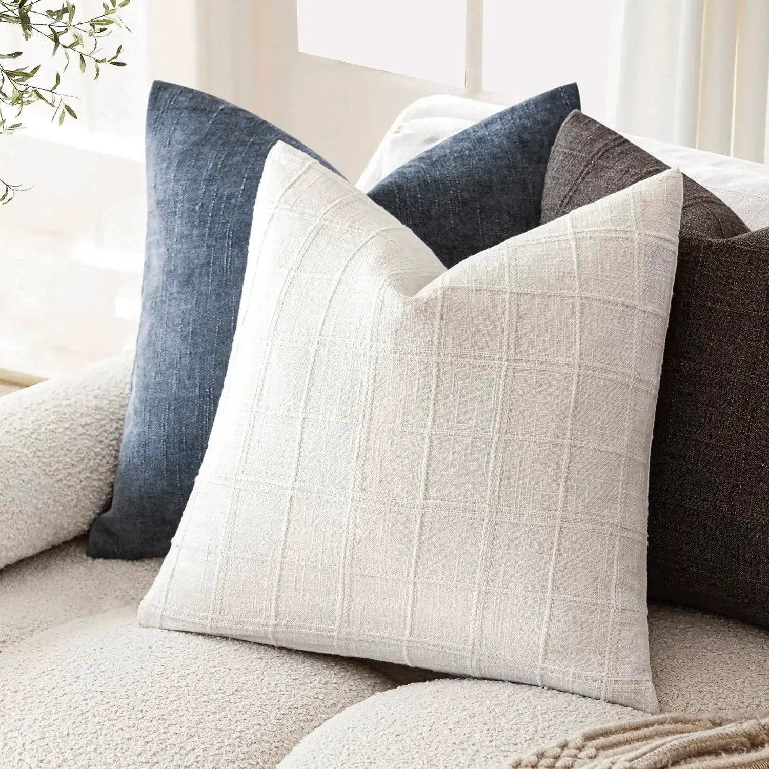 Cream linen square cushion cover with a grid pattern, 40x40 cm, decorative sofa pillow