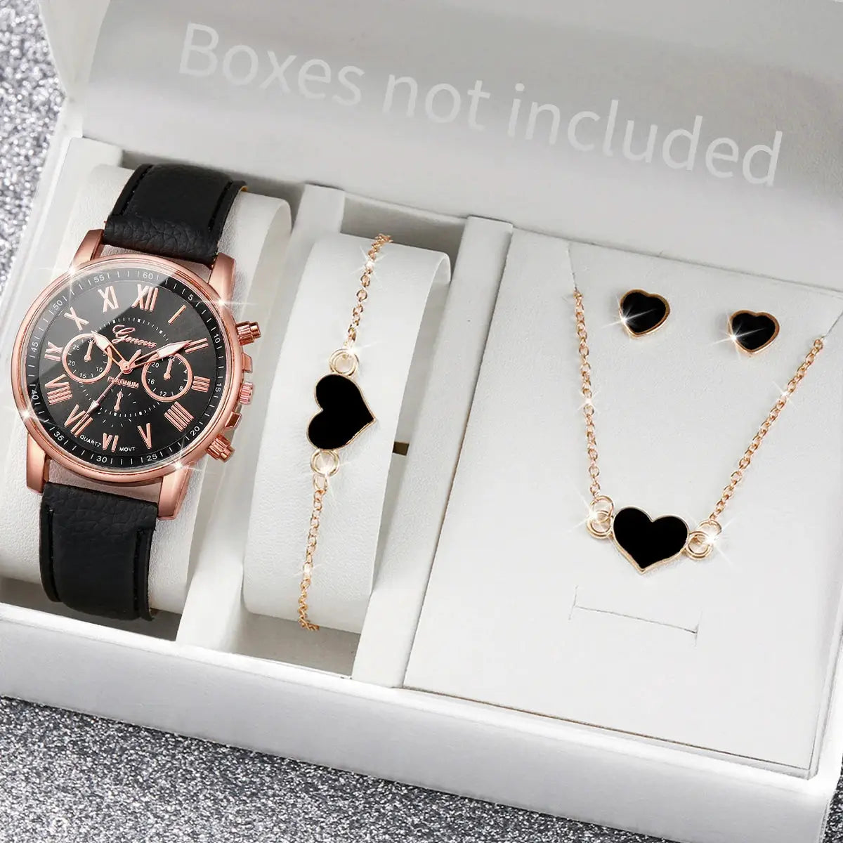 AuroraTime Womens Quartz Watch Leather Band Jewelry Set Heart Rhinestones Accent Analog Roman Numerals