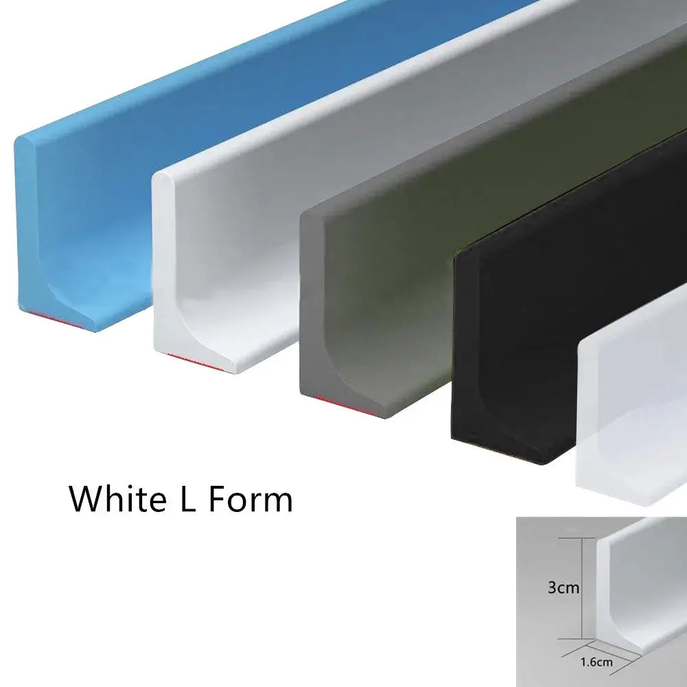 Simples Market L-shaped silicone shower dam water barrier; five-piece set in blue, white, gray, black, and clear; 1–3 m length.
