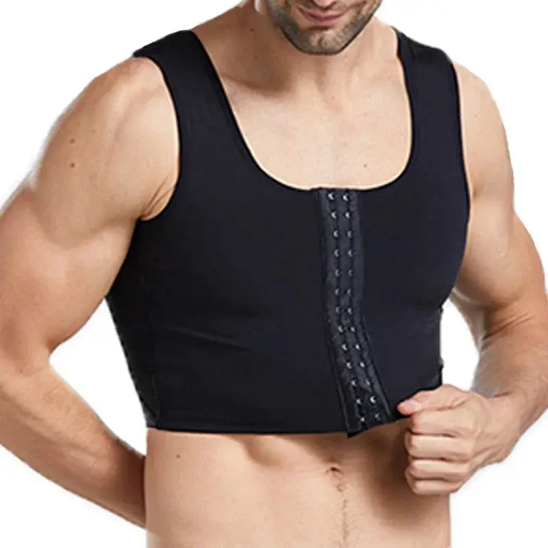 Men's black gynecomastia shaper vest with front hook closures for chest and abdomen control, Simples Market