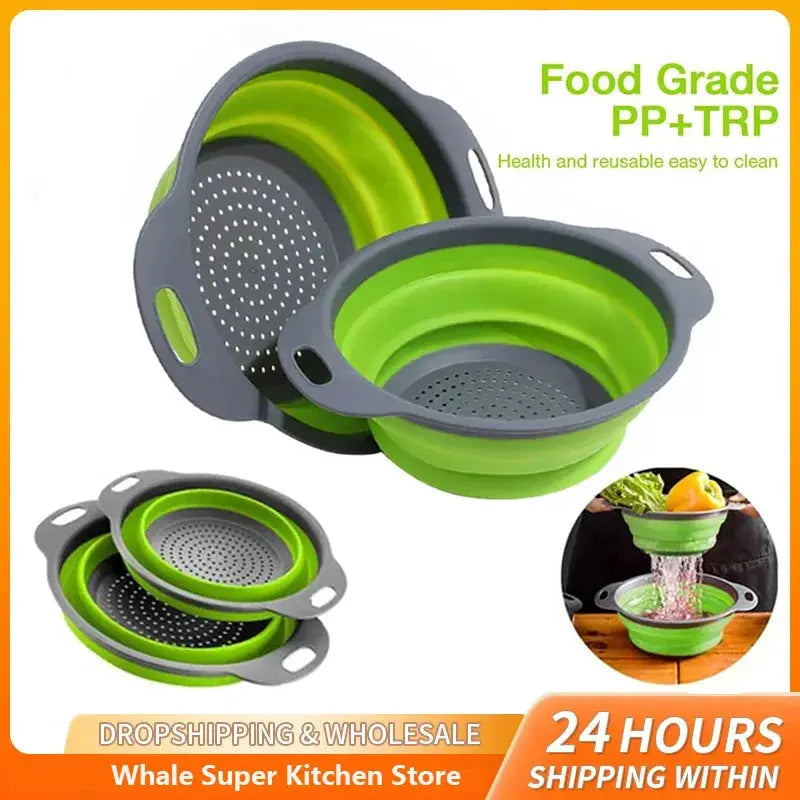 Silicone Folding Drain Basket for Washing Fruits and Vegetables, Collapsible Colander, Foldable Kitchen Strainer
