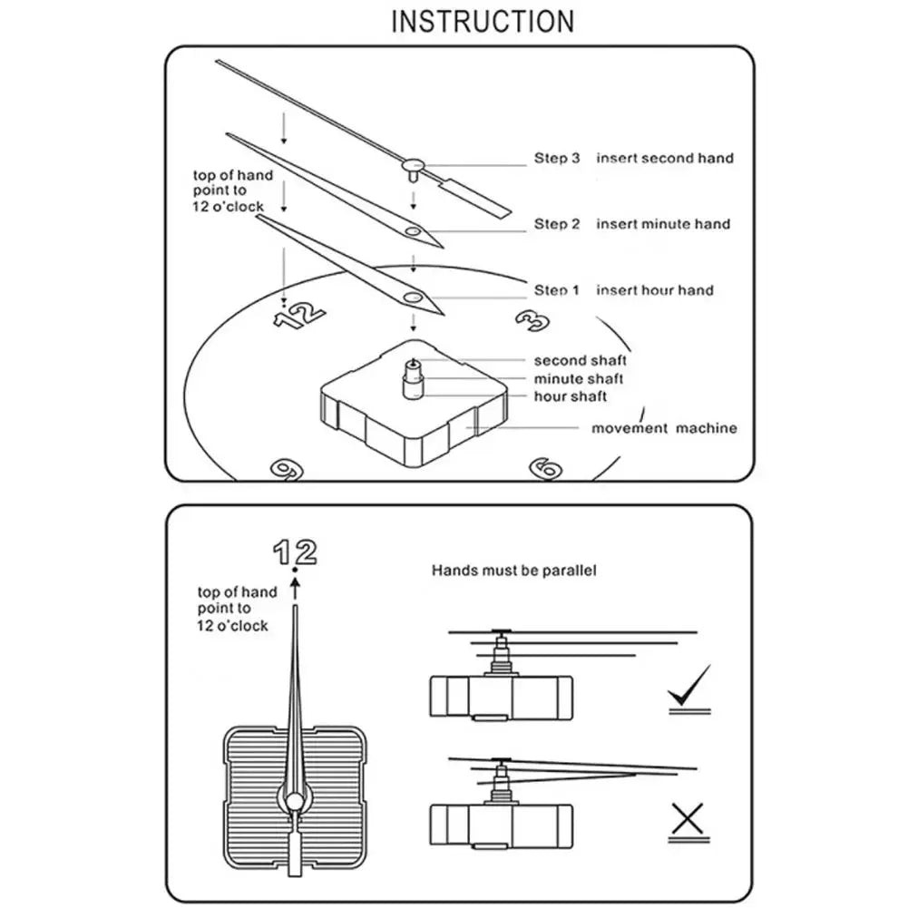 Wall clock instruction diagram for a round metal clock; shows hour/minute/second hand assembly and movement alignment.