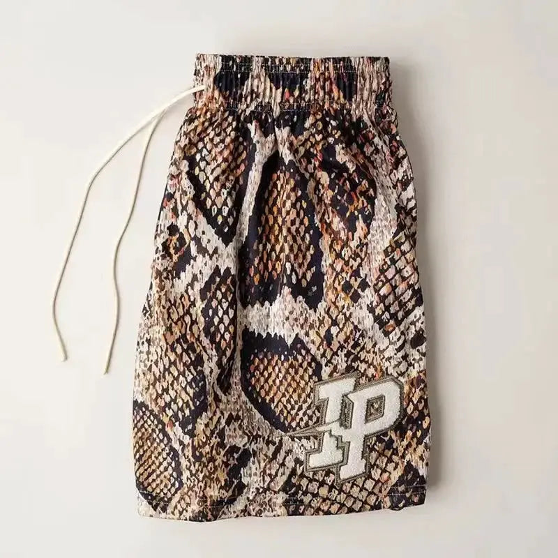 Men's snake-print shorts with drawstring waist and IP logo, breathable quick-dry fabric
