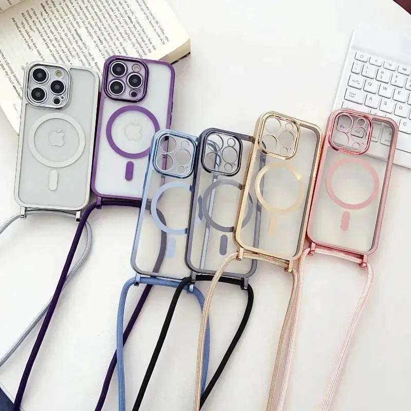 Crossbody lanyard plated iPhone case set with MagSafe ring; seven translucent cases in assorted colors with matching cords.