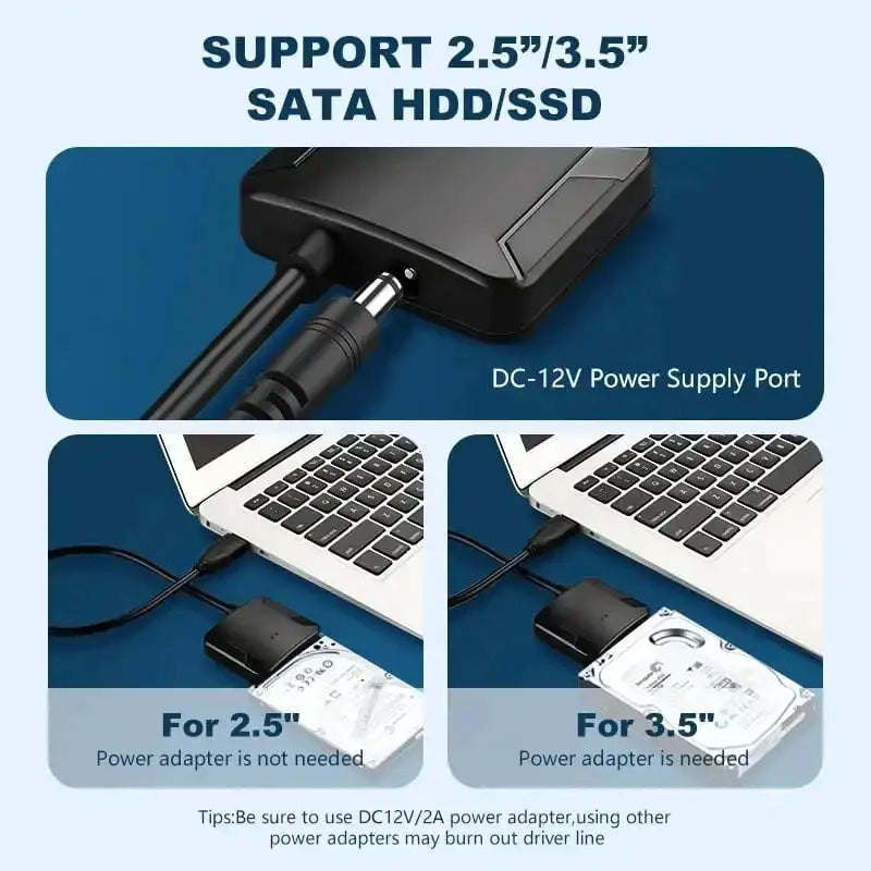 USB 3.0 to SATA HDD Adapter for 2.5 and 3.5 Inch Drives with SATA III Support and 12V 2A Power Adapter