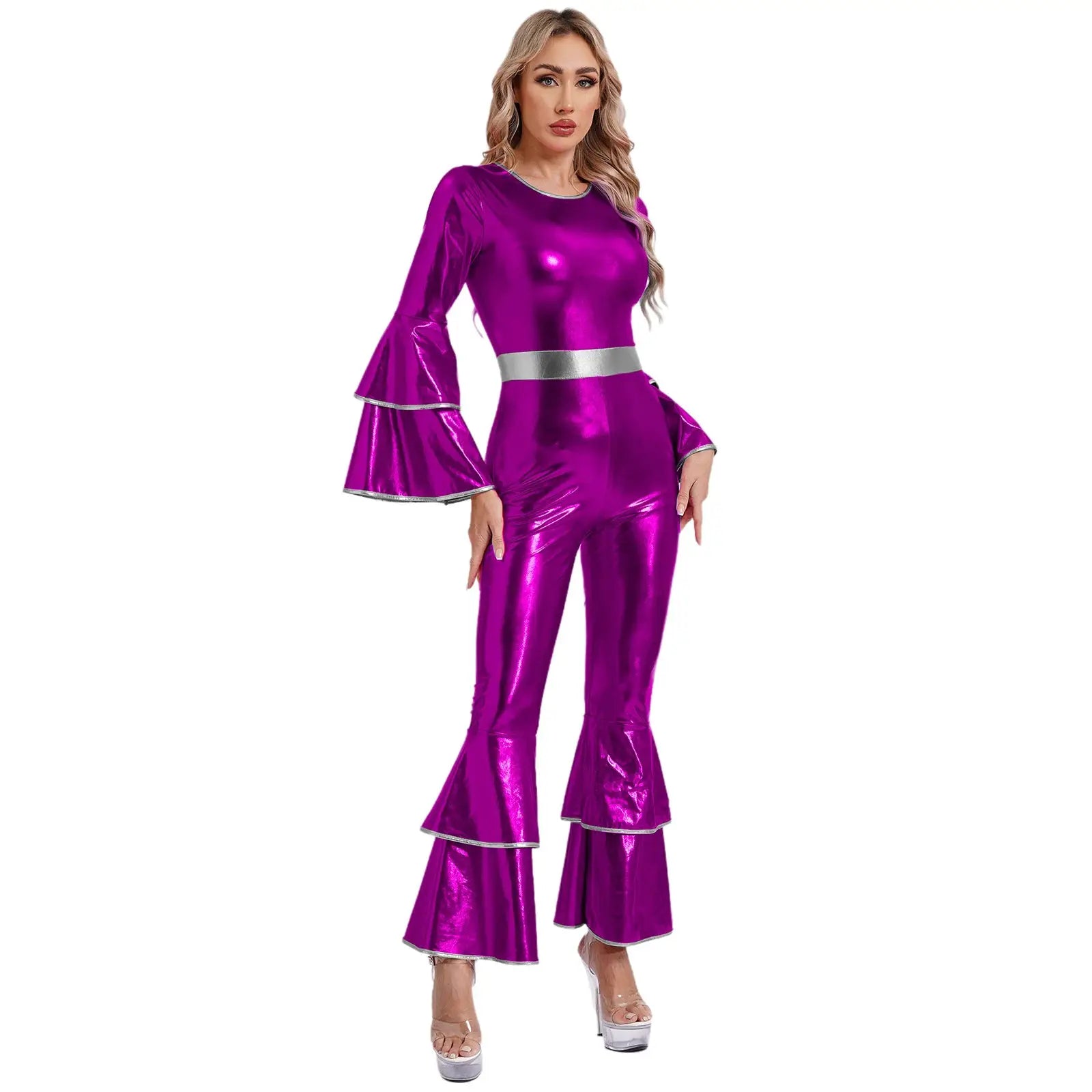 Simples Market womens metallic purple 70s disco jumpsuit with silver belt and flared bell-bottom pants.