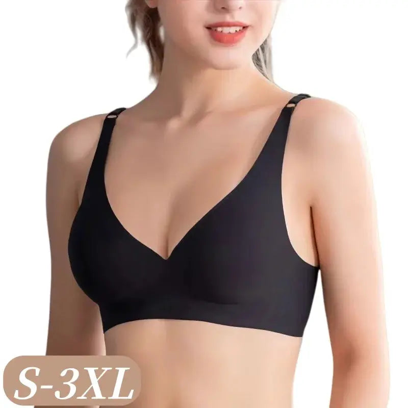 Push-Up seamless bra, black non-wire bralette with V-neck and removable pads, size S-3XL
