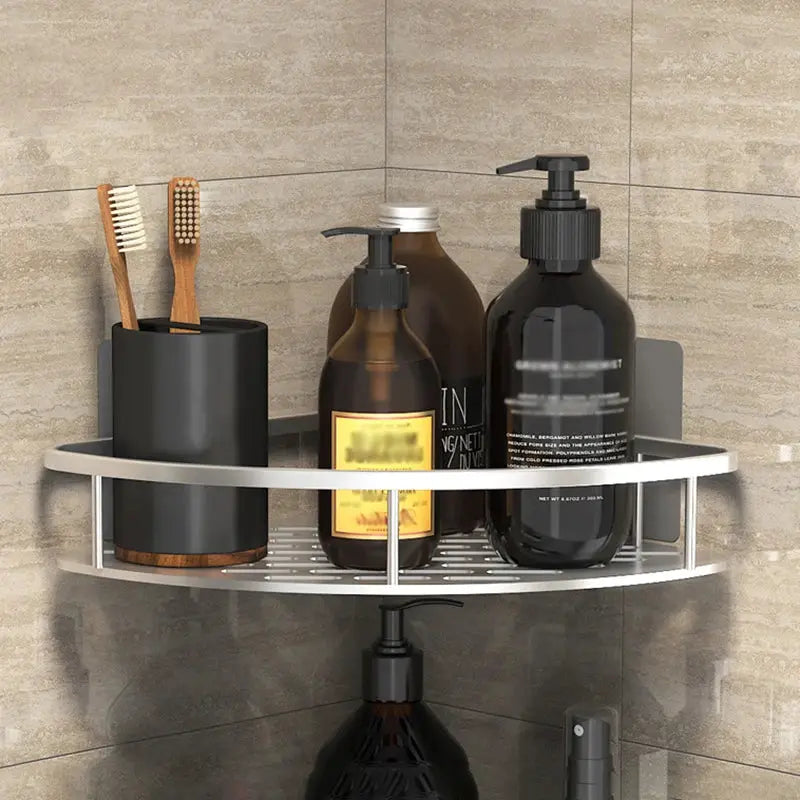 Bathroom storage rack corner shelf, stainless steel, wall-mounted, holding two pump bottles and toothbrush cup