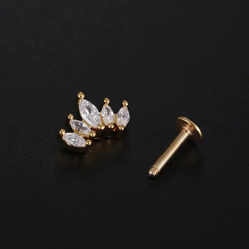 Heart Flower Crown cartilage earrings in gold-tone metal with clear cubic zirconia stones; labret back