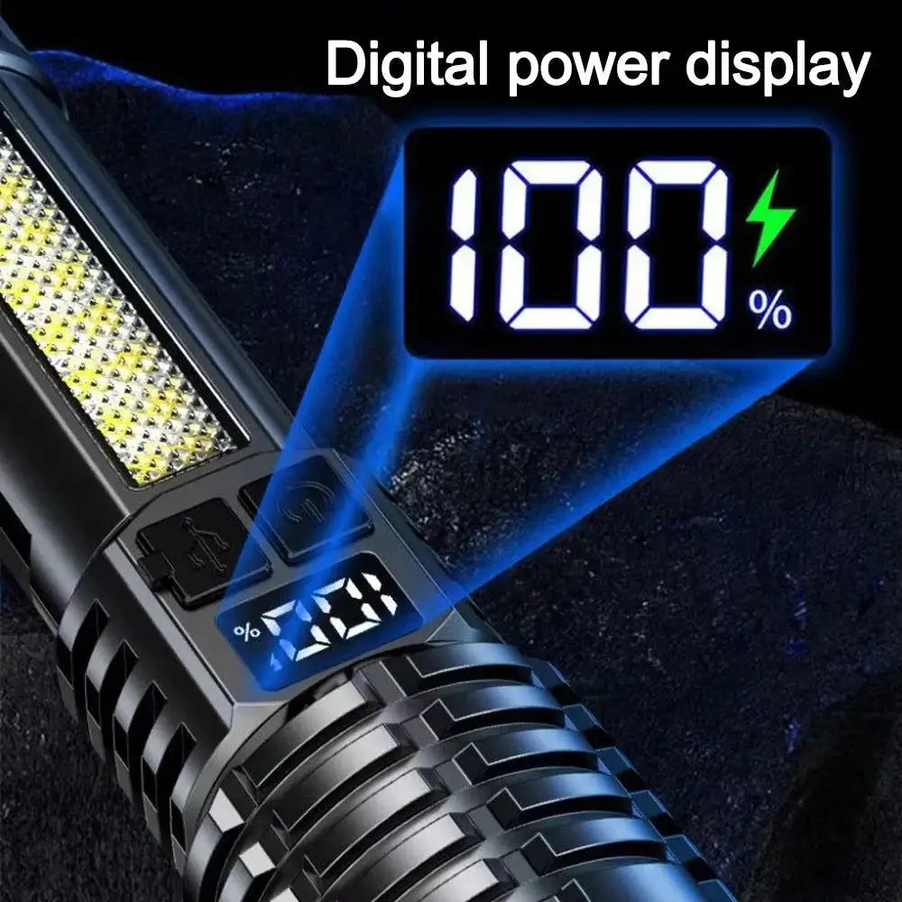100000LM flashlight with digital power display; black, long-range tactical outdoor lamp