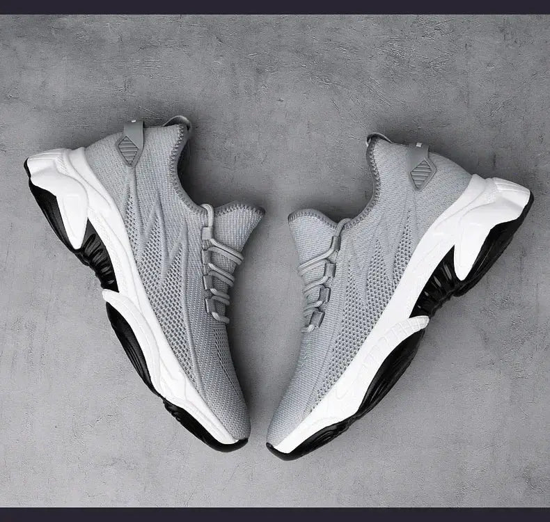 Simples Market men's height-increase sneakers, pair with grey knit upper and white sole, breathable elevator shoes.