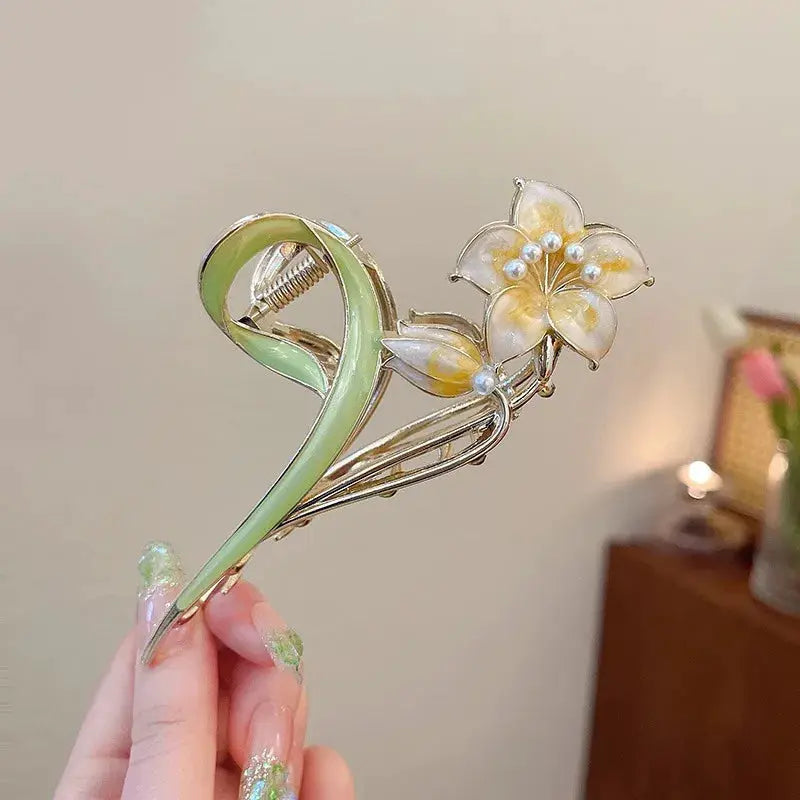 Glamora Metal Hair Claw With Gold Flower Design For Secure Ponytails And Elegant Updos