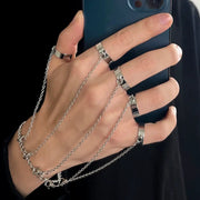 Ins Style Hip Hop Punk Silver Tone Five Finger Connected Mitten Ring and Bracelet for Women Daily Wear or Party