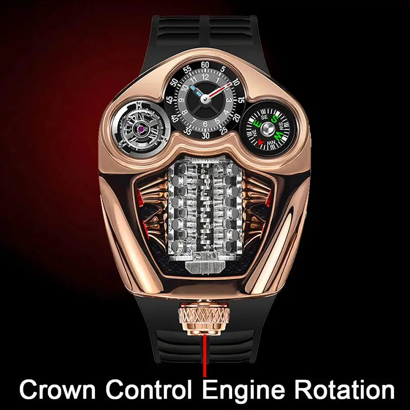 PINDU Design men's luxury wristwatch with rose-gold case, black silicone strap, and multiple dials.