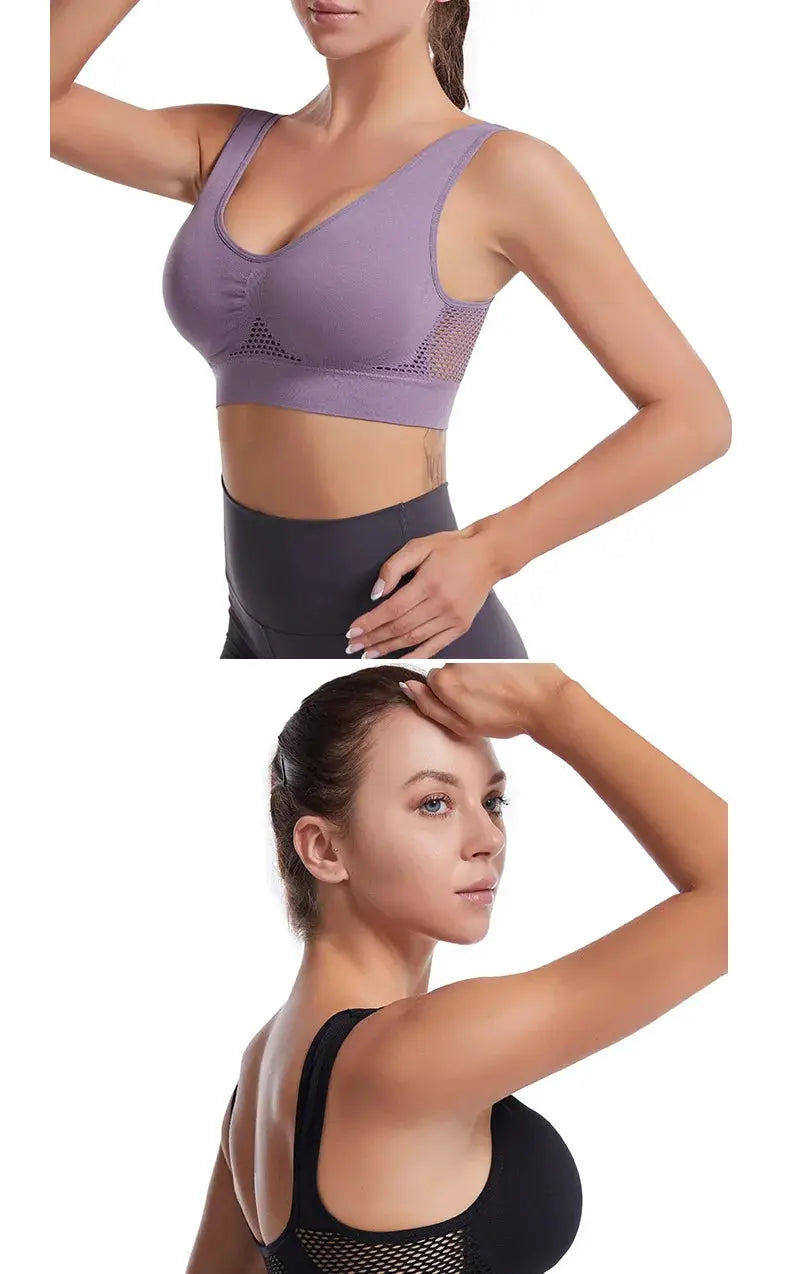 Plus-size grid air-hole wireless sports bras in purple and black with hollow-out mesh panels (two items)