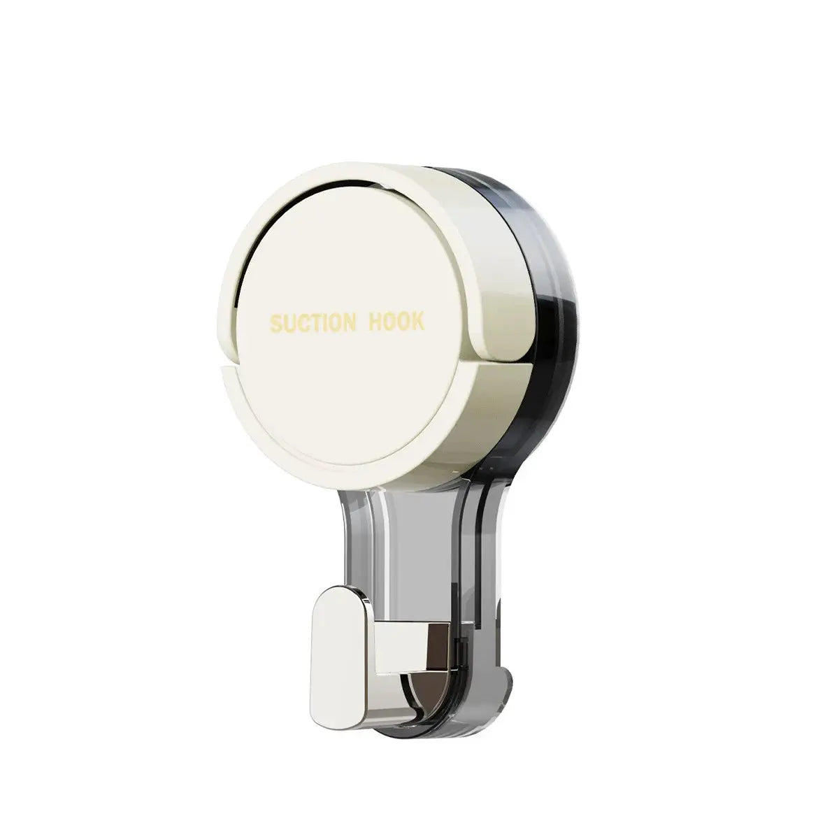 Vacuum suction hook with round cream face and clear housing for no-drill bathroom or kitchen use