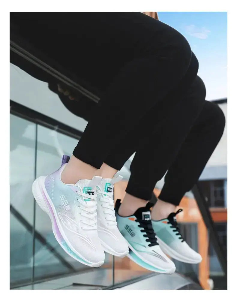 Running shoes for men by Simples Market; white with lavender gradient and mint teal soles, 2 pairs