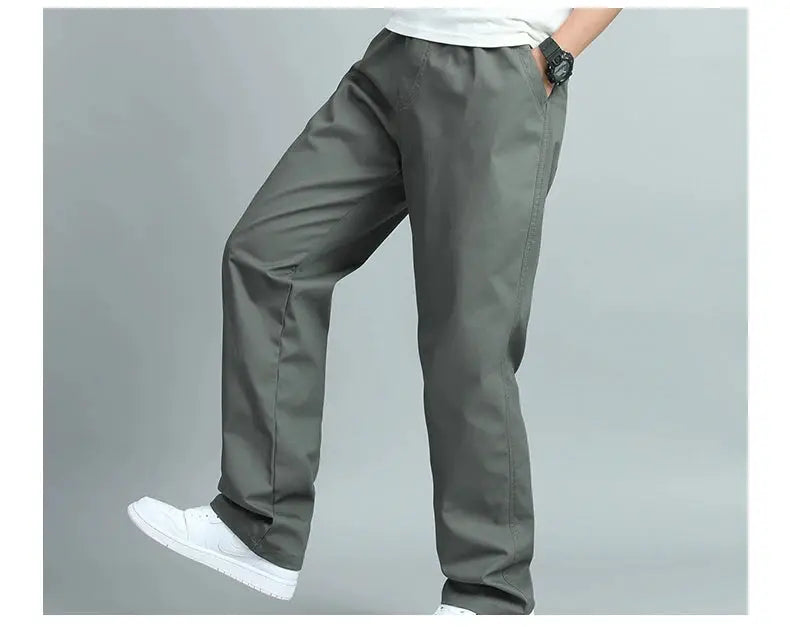 Big size men's casual cotton trousers in gray-green, loose straight-fit with multiple pockets by Simples Market