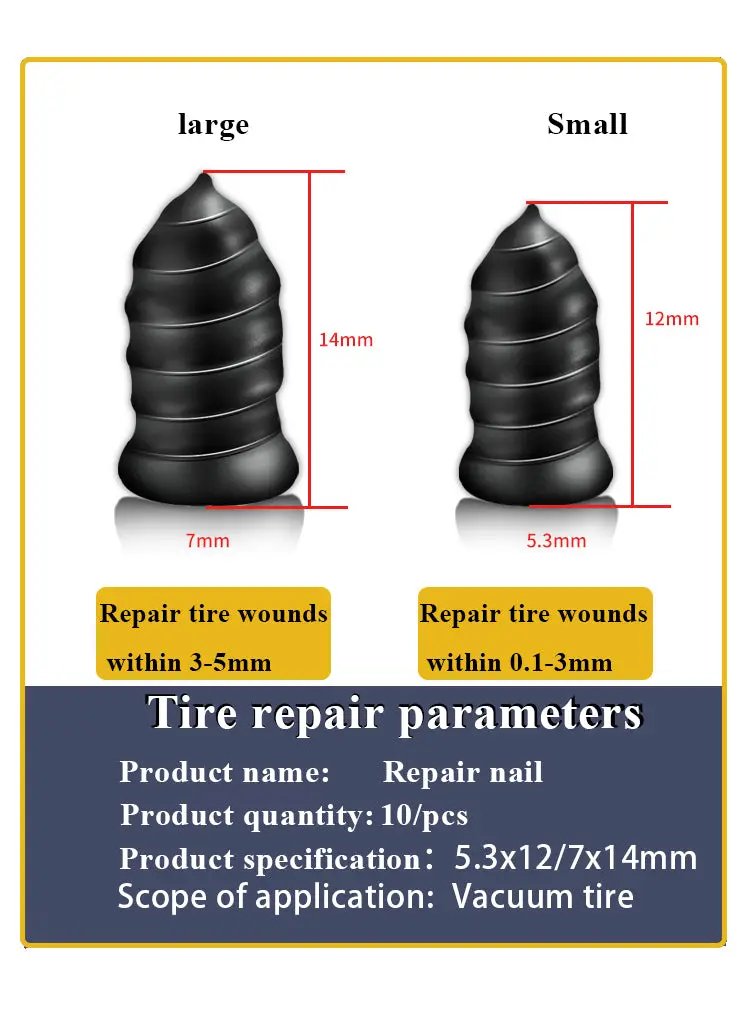 Simples Market car tire repair nail kit with rubber plugs and screwdriver for tubeless tires; nails sized 5.3x12mm and 7x14mm