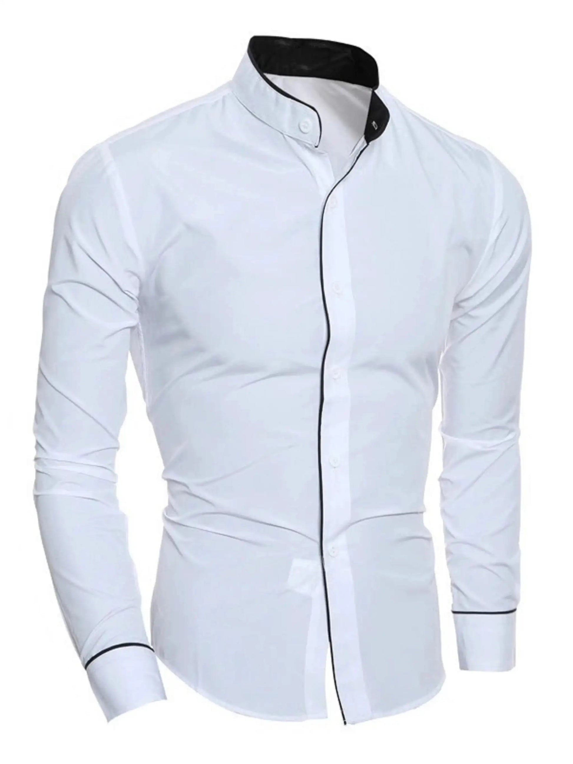 Men's white long-sleeve shirt by Simples Market with stand-up collar and black piping.