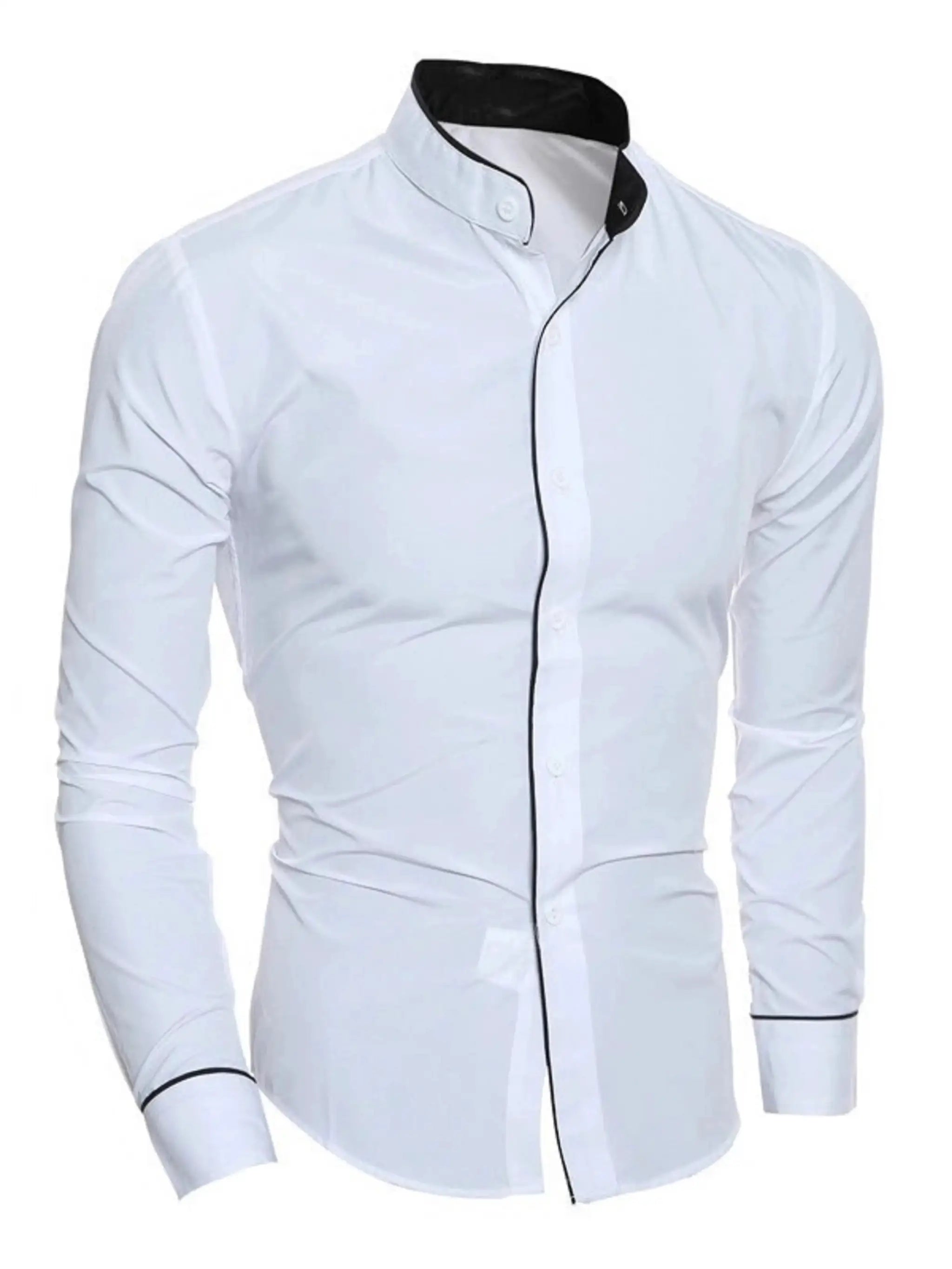 Men's white long-sleeve shirt by Simples Market with stand-up collar and black piping.
