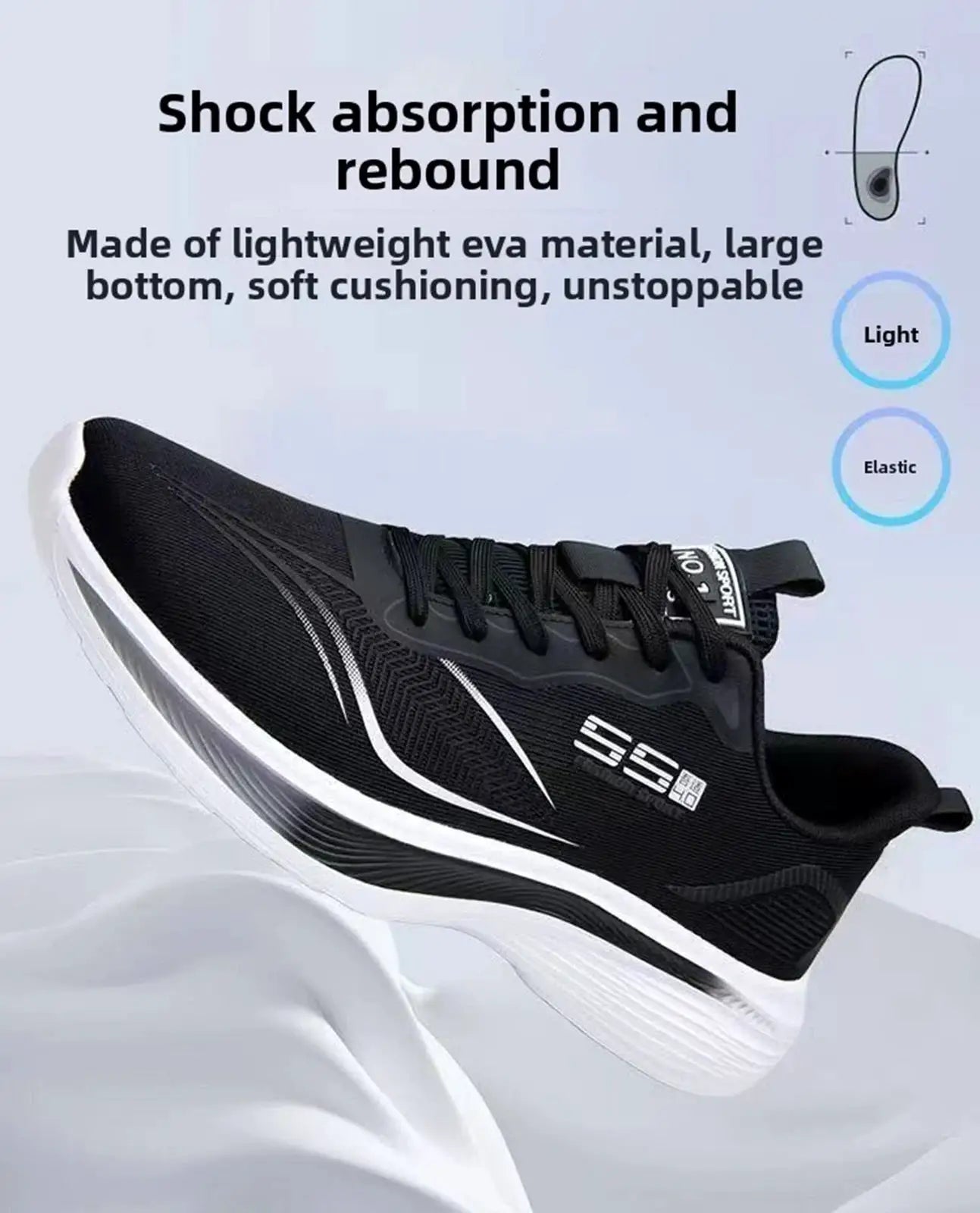 Men's black running shoes with white chunky sole, breathable mesh upper, Simples Market