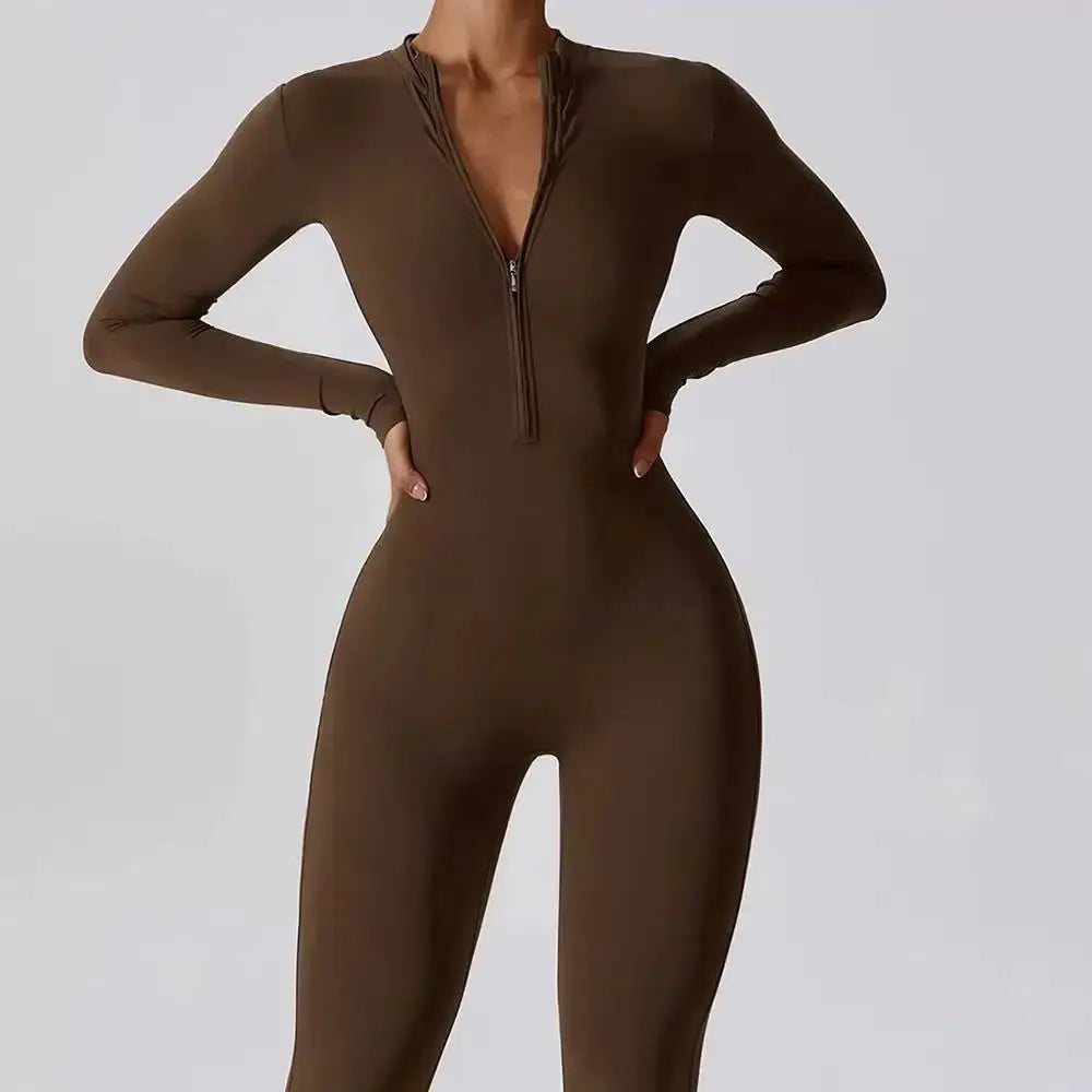 ZenMove Yoga Boilersuit For Women Long Sleeve Zipper Jumpsuit Skin Tight Fit Breathable Quick Dry Nylon Elastane
